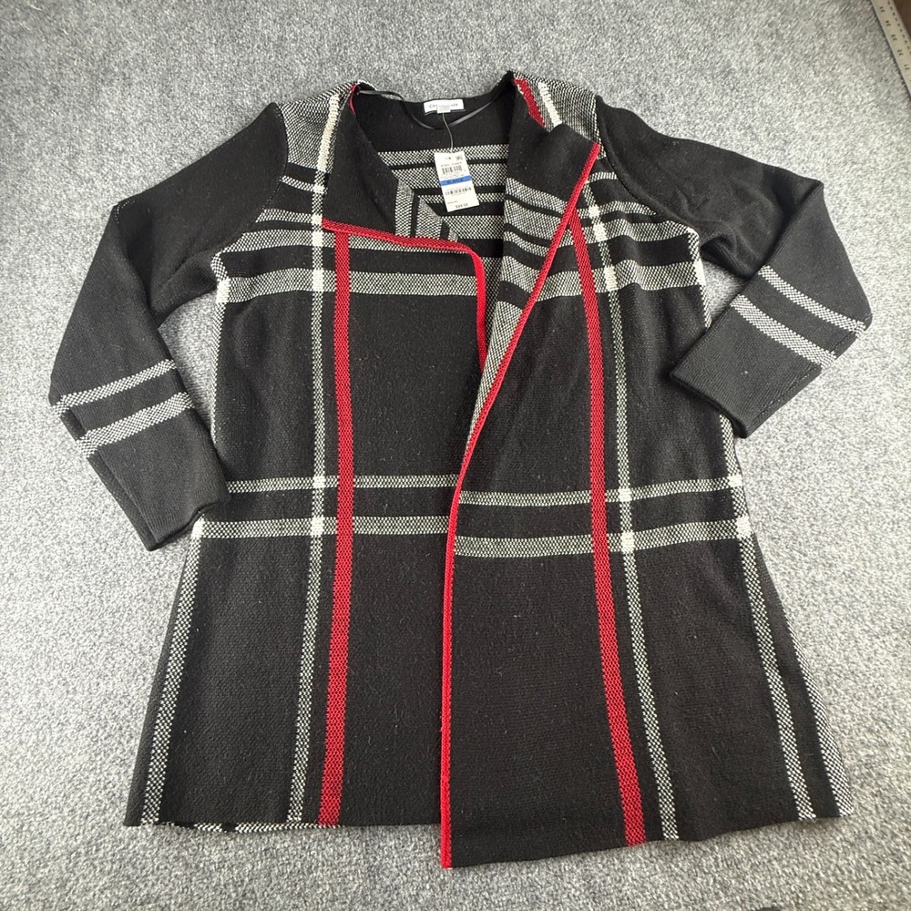 Charter Club Womens XL Plaid Open Front Cardigan Sweater Black Red Jewel Tones